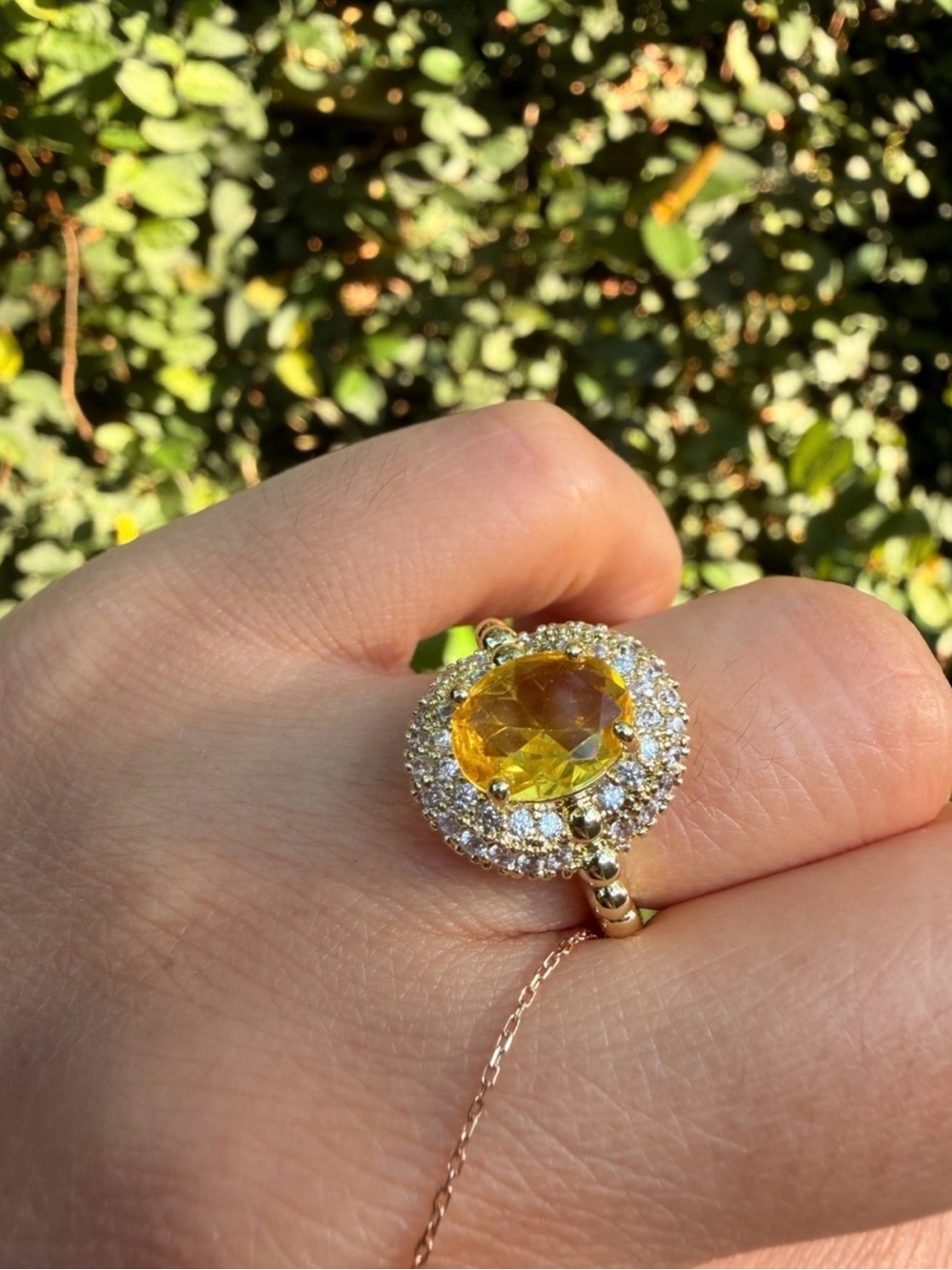 Gold Ring with Yellow Gemstone and Halo Accent - Picture 2 of 6